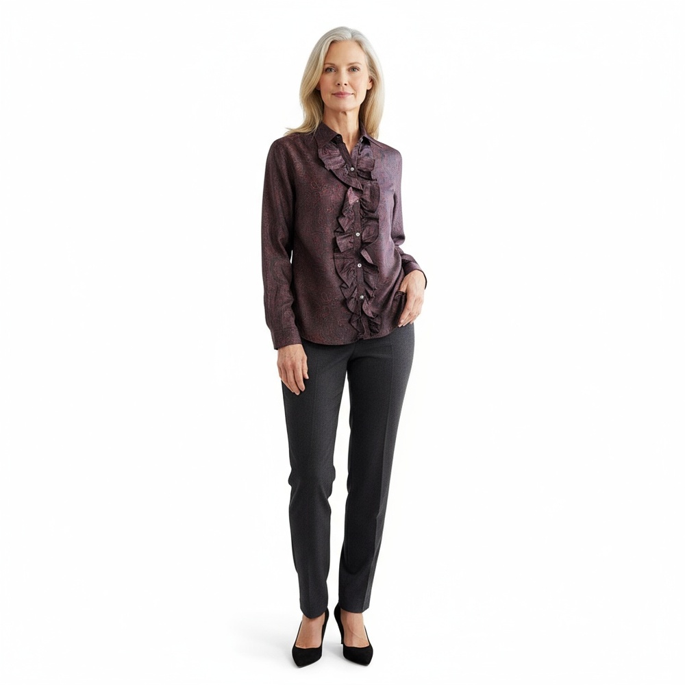 LAUREN Ralph Lauren Women Brown Paisley Ruffle-Trim Button Down Elegant Bohemian
